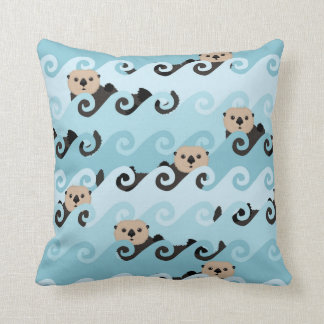 Cute Sea Otters Riding the Waves Throw Pillow