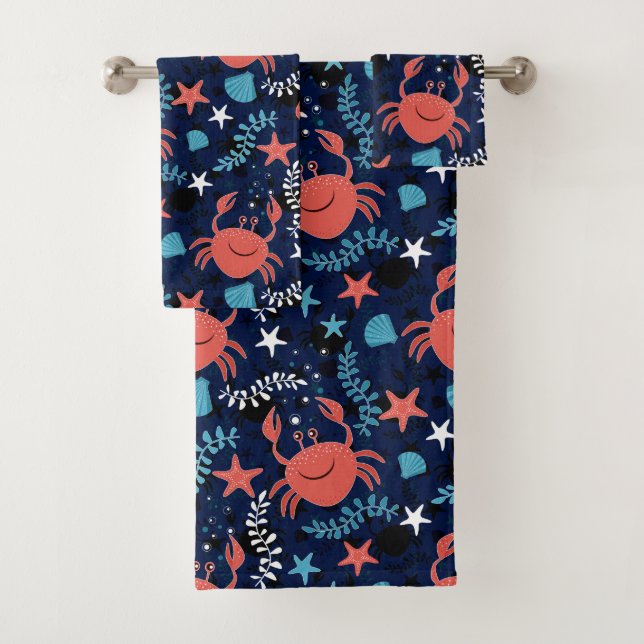 Cute sea pattern with crabs. bath towel set (Insitu)