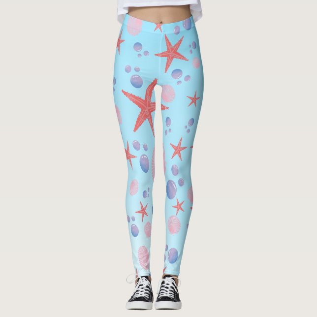 Cute Sea Shell starfish Coastal Summer Ocean Beach Leggings (Front)