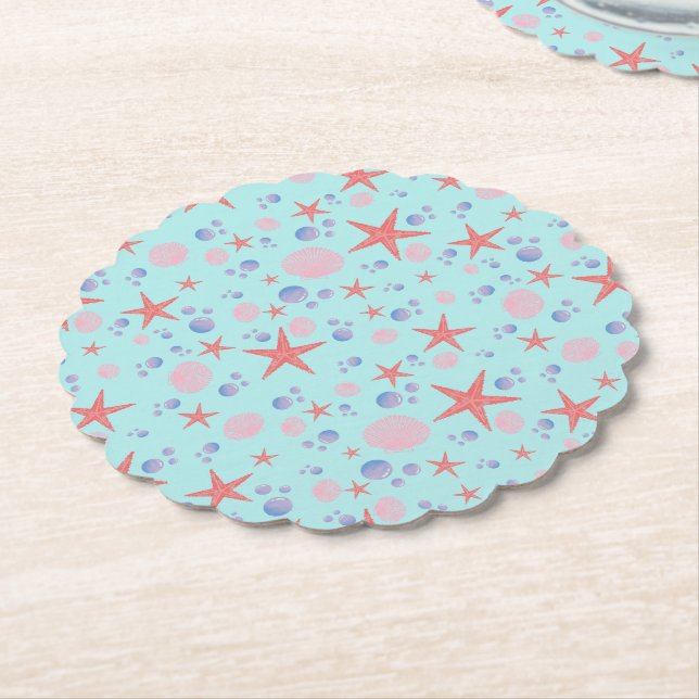 Cute Sea Shell starfish Coastal Summer Ocean Beach Paper Coaster (Angled)