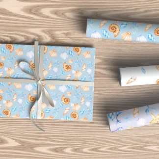 Cute Sea Shells Blue And White Wrapping Paper Sheet