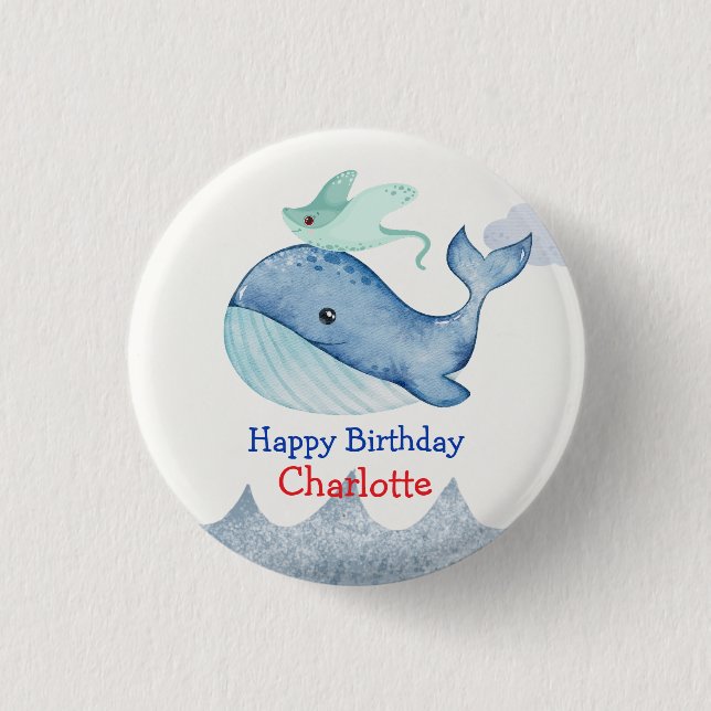 Cute Sea stingray whale fish Birthday party 1 Inch Round Button (Front)