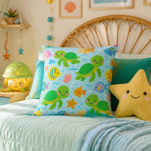 Cute Sea Turtle and Tropical Fish Nursery Throw Pillow