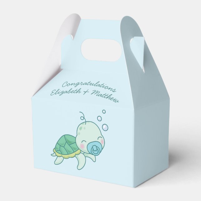 Cute Sea Turtle Baby Shower Kawaii Blue Boy Favor Box (Front Side)