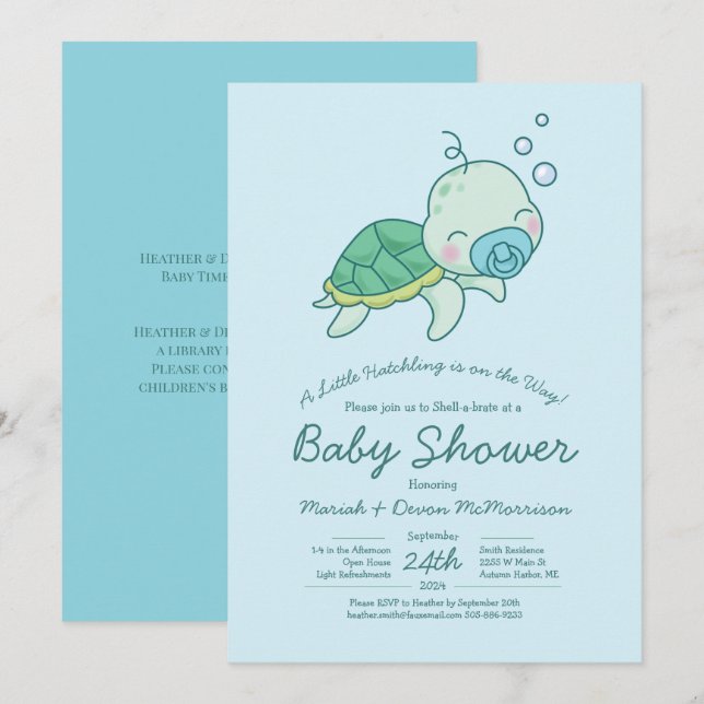 Cute Sea Turtle Baby Shower Kawaii Blue Boy Invitation (Front/Back)