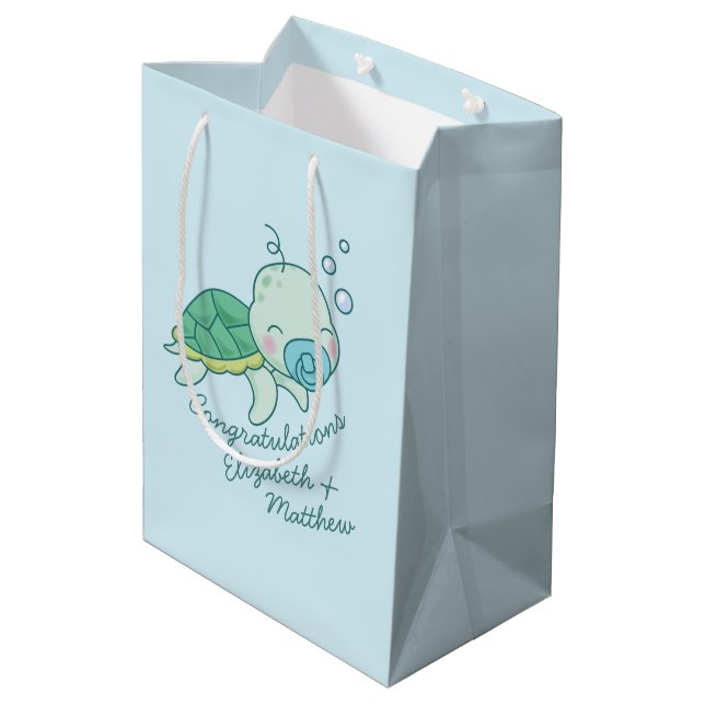Cute Sea Turtle Baby Shower Kawaii Blue Boy Medium Gift Bag (Back Angled)