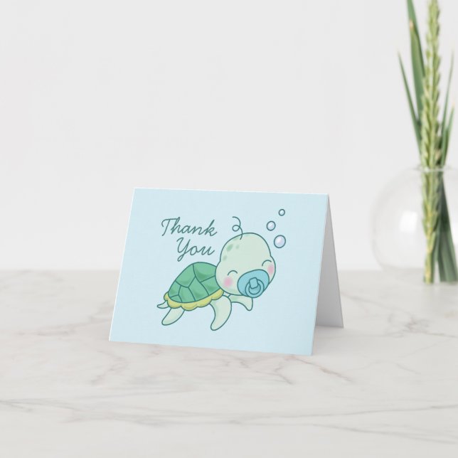 Cute Sea Turtle Baby Shower Kawaii Blue Boy Thank You Card (Front)