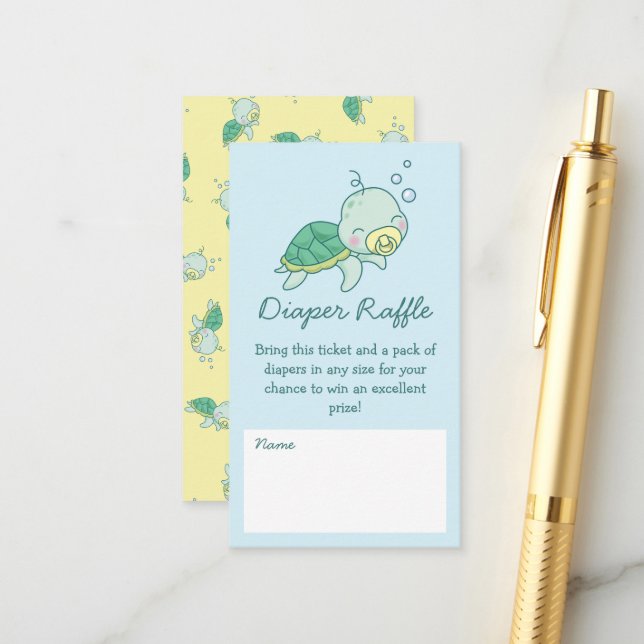 Cute Sea Turtle Baby Shower Kawaii Diaper Raffle Enclosure Card (Front/Back In Situ)