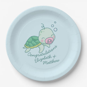 Cute Sea Turtle Baby Shower Kawaii Pink Girl Paper Plate