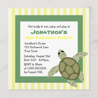 Cute Sea Turtle Birthday Party Invite Green Yellow