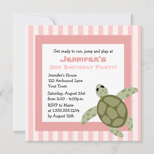Cute Sea Turtle Birthday Party Invite Pink (Front)