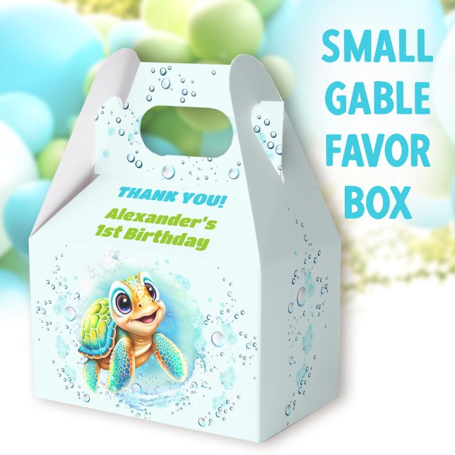 Cute Sea Turtle Boy Pool Party 1st Birthday Favor Box (Cute Turtle Small Gable Favor Boxes - You can choose from 3 sizes of these gable favor boxes)
