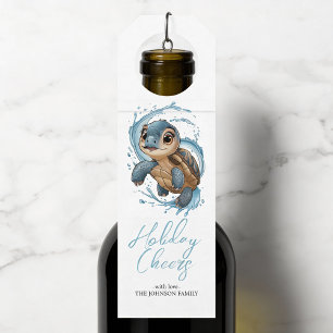 Cute Sea Turtle Christmas Holiday Watercolor  Bottle Tag