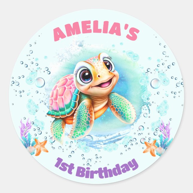 Cute Sea Turtle Colourful Girl 1st Birthday Sticke Classic Round Sticker (Front)