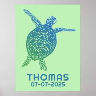 Cute Sea Turtle CUSTOM BABY NAME BIRTHDAY Art Poster