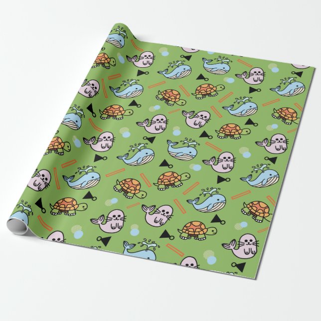 Cute sea turtle dolphin animals pattern wrapping paper (Unrolled)