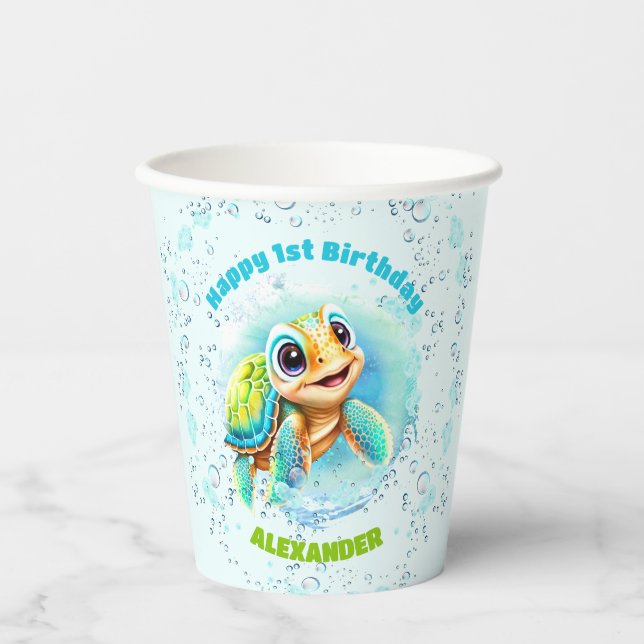 Cute Sea Turtle for Boy's First Birthday Paper Cups (Front)