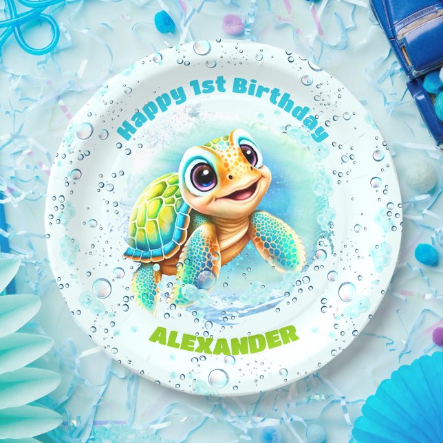 Cute Sea Turtle for Boy's First Birthday Paper Plate (Creator Uploaded)
