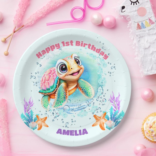 Cute Sea Turtle for Girl's First Birthday Paper Plate (Creator Uploaded)