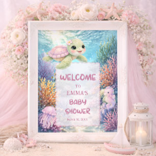 Cute Sea Turtle Girl Baby Shower Welcome Poster