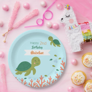Cute Sea Turtle & Green Fish Birthday Party Paper Plate