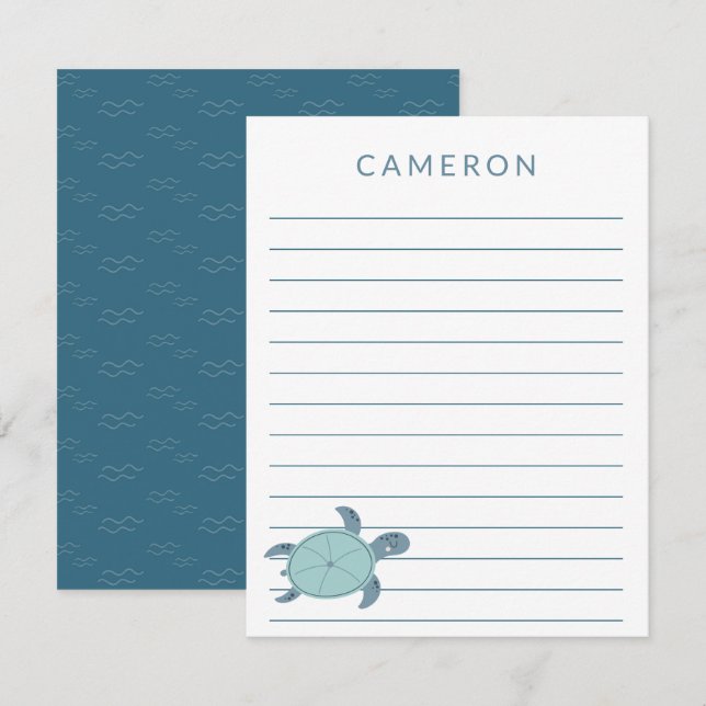Cute Sea Turtle in Blue Personalized Kids Lined   Card (Front/Back)