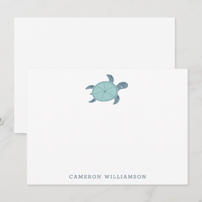 Cute Sea Turtle in Blue Personalized Stationery Thank You Card (Front/Back)