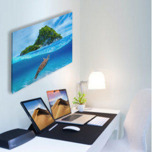 Cute Sea Turtle in front of a Tropical Island Canvas Print