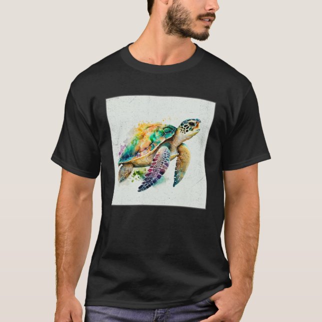 Cute Sea Turtle Paint Splatter Illustration Colorf T-Shirt (Front)