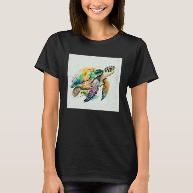 Cute Sea Turtle Paint Splatter Illustration Colorf T-Shirt (Front)