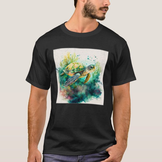 Cute Sea Turtle Paint Splatter Illustration Colorf T-Shirt (Front)