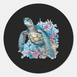 Cute Sea Turtle Wildflowers Animal Lover Tortoise  Classic Round Sticker
