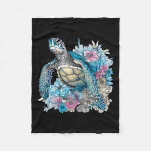 Cute Sea Turtle Wildflowers Animal Lover Tortoise Fleece Blanket