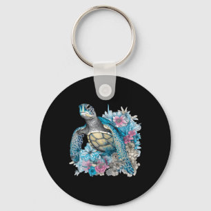 Cute Sea Turtle Wildflowers Animal Lover Tortoise  Keychain
