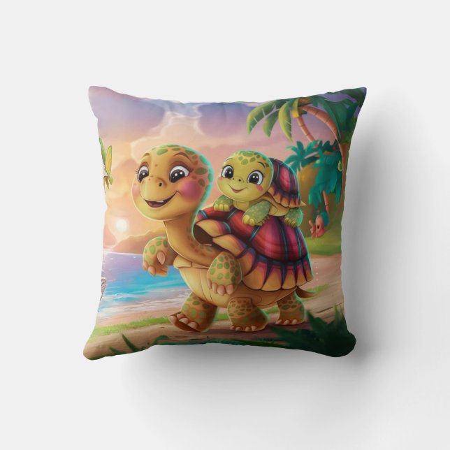 cute sea turtle with mother in tropical island  throw pillow (Back)