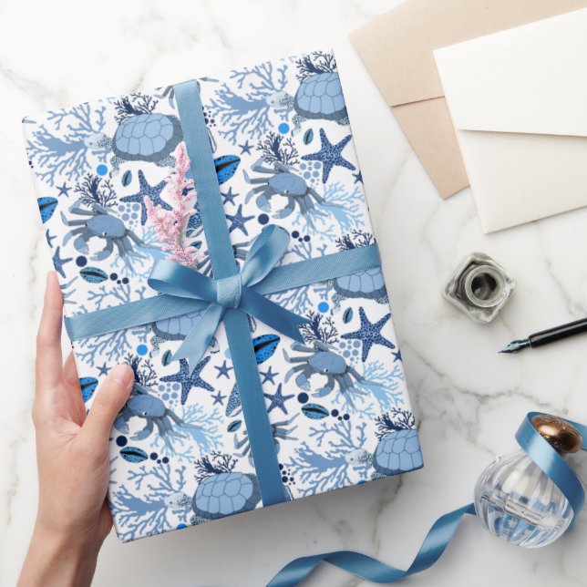 Cute sea turtles crabs pattern beach party wrapping paper (Gifting)