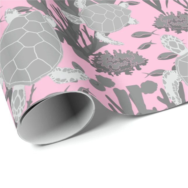Cute Sea Turtles Grey Pink Coral Reef Print Wrapping Paper (Roll Corner)