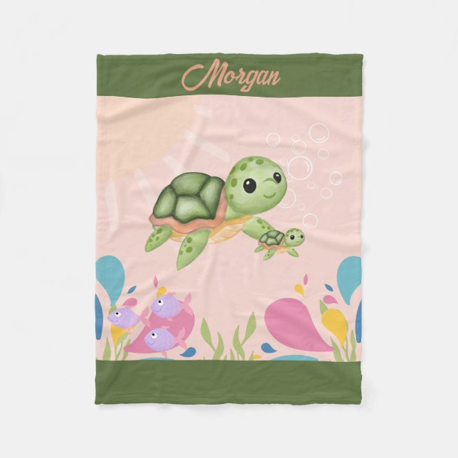 Cute sea turtles in pink ocean, fleece blanket (Front)