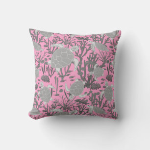 Cute Sea Turtles on Pink and Grey Throw Pillow
