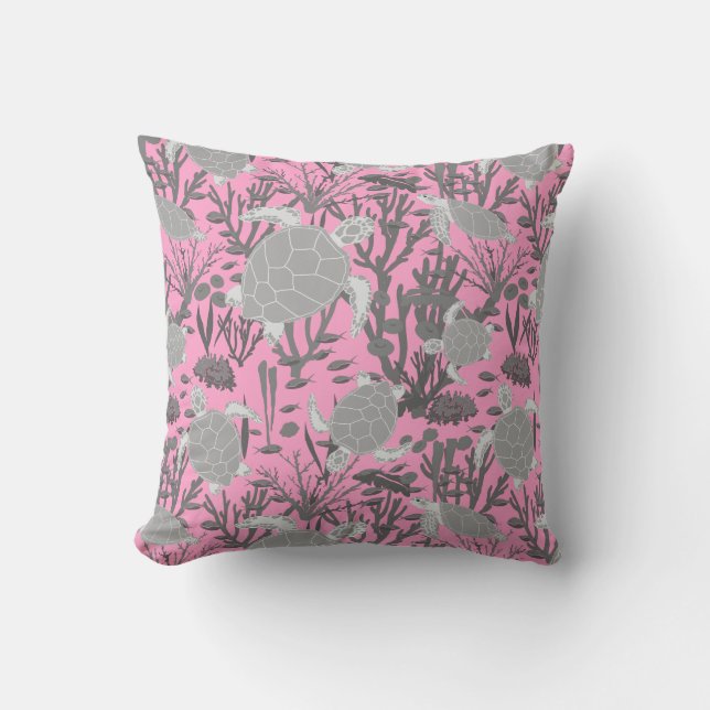 Cute Sea Turtles on Pink and Grey Throw Pillow (Front)