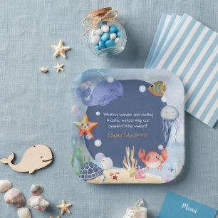 Cute Sea You Soon watercolor blue Ocean creature Paper Plate