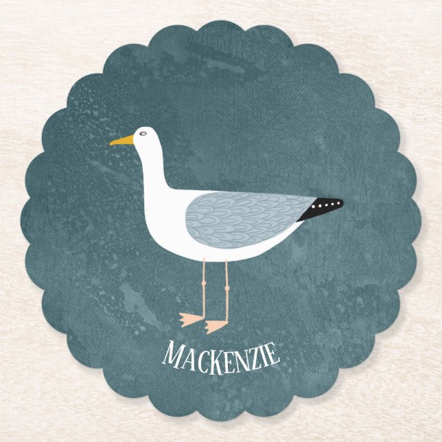 Cute Seagull Name Paper Coaster (Front)