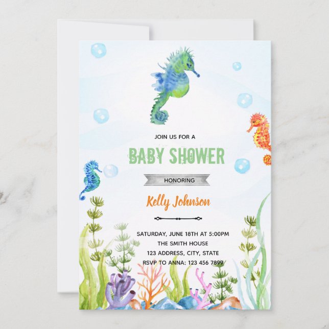 Cute seahorse birthday baby shower invitation (Front)
