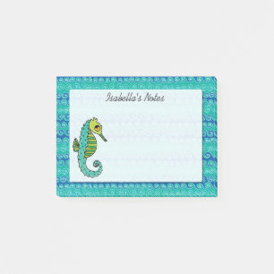 Cute Seahorse Blue and Green Custom Name Post-it Notes