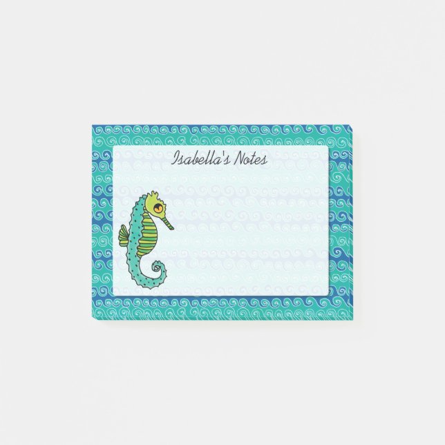 Cute Seahorse Blue and Green Custom Name Post-it Notes (Front)