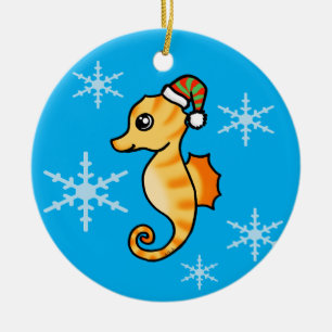 Cute Seahorse Christmas Snowflake Holiday Ceramic Ornament
