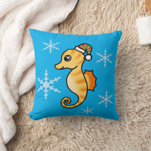 Cute Seahorse Christmas Snowflake Holiday Throw Pillow