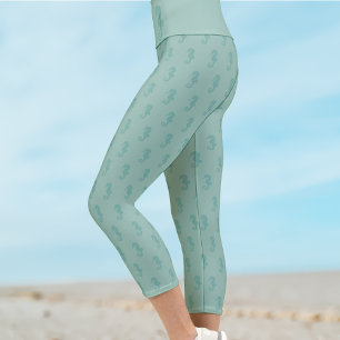 Cute Seahorse Pattern Monogram Sea Green Capri Leggings