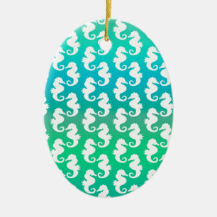 Cute Seahorse Pattern on Blue Green Ceramic Ornament