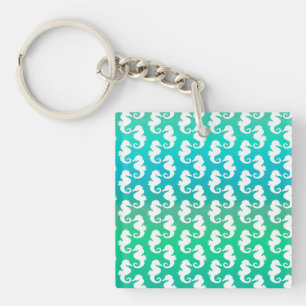 Cute Seahorse Pattern on Blue Green Keychain
